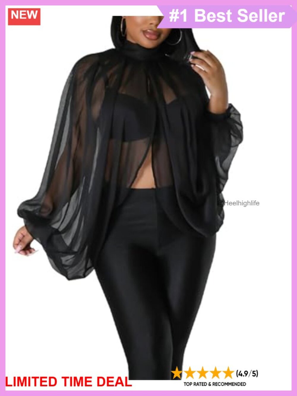 ThusFar Women's Sheer Chiffon Batwing Sleeve Blouse Mock Neck Party Top
